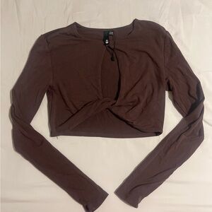 Brown Long Sleeve Twist Open Front Crop Top
